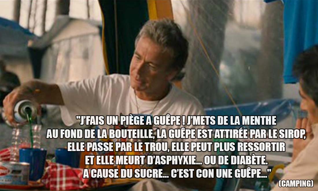 Camping: J'fais un piège a guêpe ! J'mets de la menthe au fond de la bouteille, la guêpe est attirée par le sirop, elle passe par le trou, elle peut plus ressortir et elle meurt d'asphyxie... Ou de diabète. A cause du sucre... C'est con une guêpe...