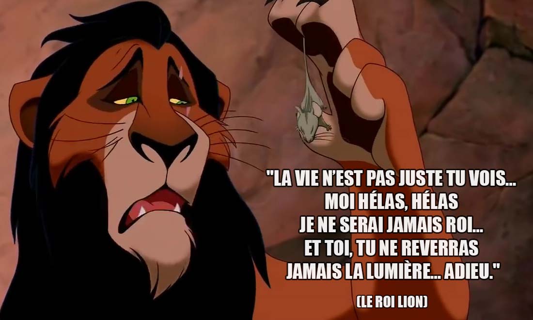 le roi lion scar la vie n est pas juste tu vois moi helas je ne serais jamais roi et toi tu ne reverras jamais la lumiere adieu