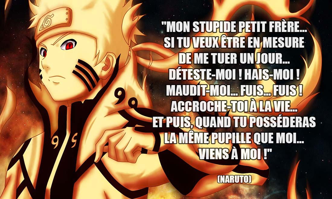 naruto mon stupide petit frere si tu veux etre en mesure de me tuer un jour deteste moi hais moi maudit moi fuis fuis accroche toi a la vie et puis quand tu possederas la meme pupille que moi viens a moi